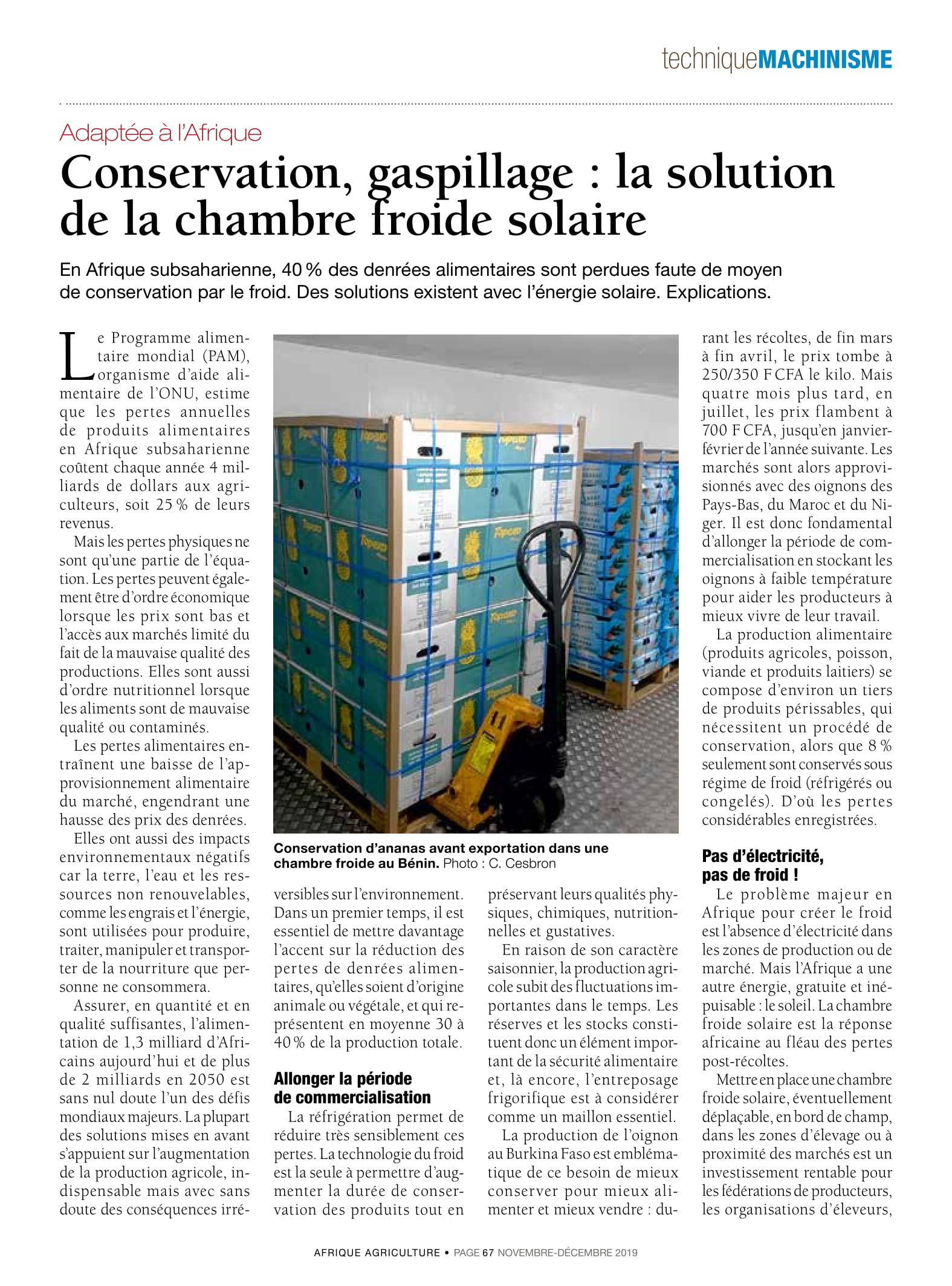 Article chambres froides solaires FREECOLD Afrique Agriculture n°433